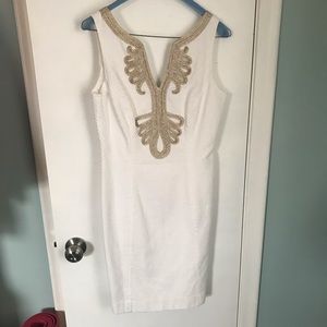 Lilly Pulitzer white shift dress and gold accents